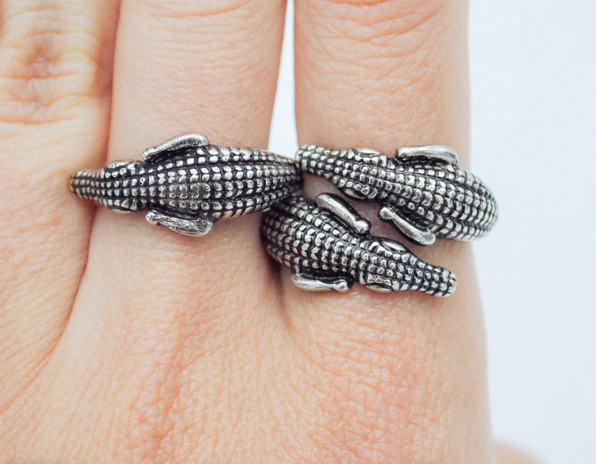 Bague double crocodile argenté